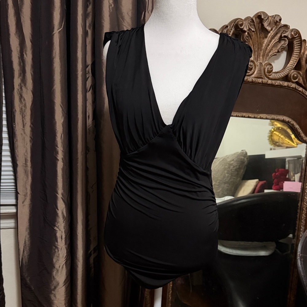 Express Black Draped V-Neck Ruched Bodysuit